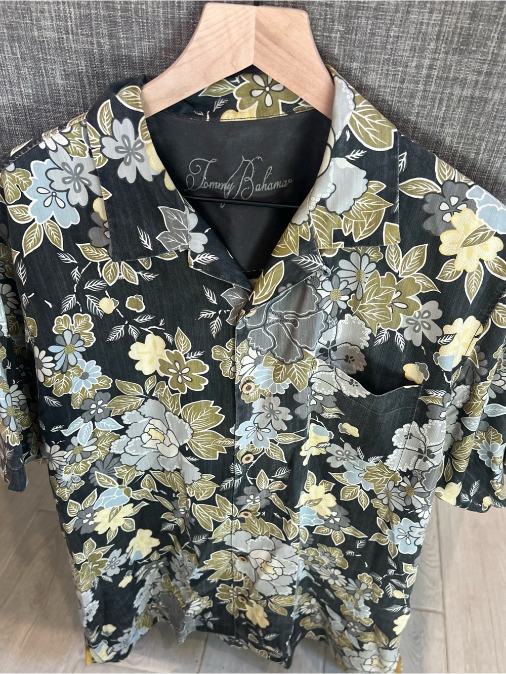 Tommy Bahama Black Floral Hawaiian Camp Shirt with Olive and Light Blue Accents